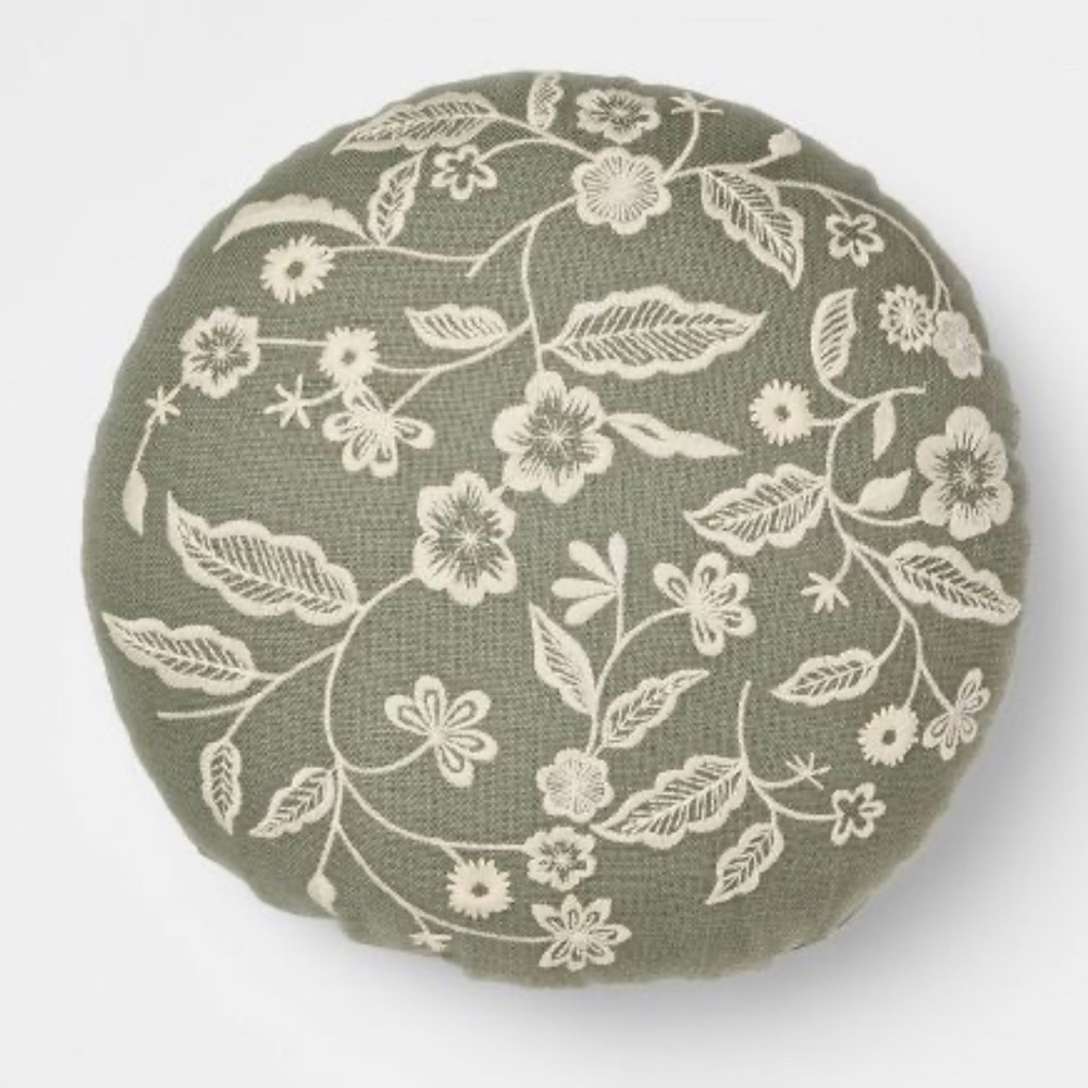 14" Round Pillow Embroidered Floral Army Green/Cream - Threshold Studio McGee